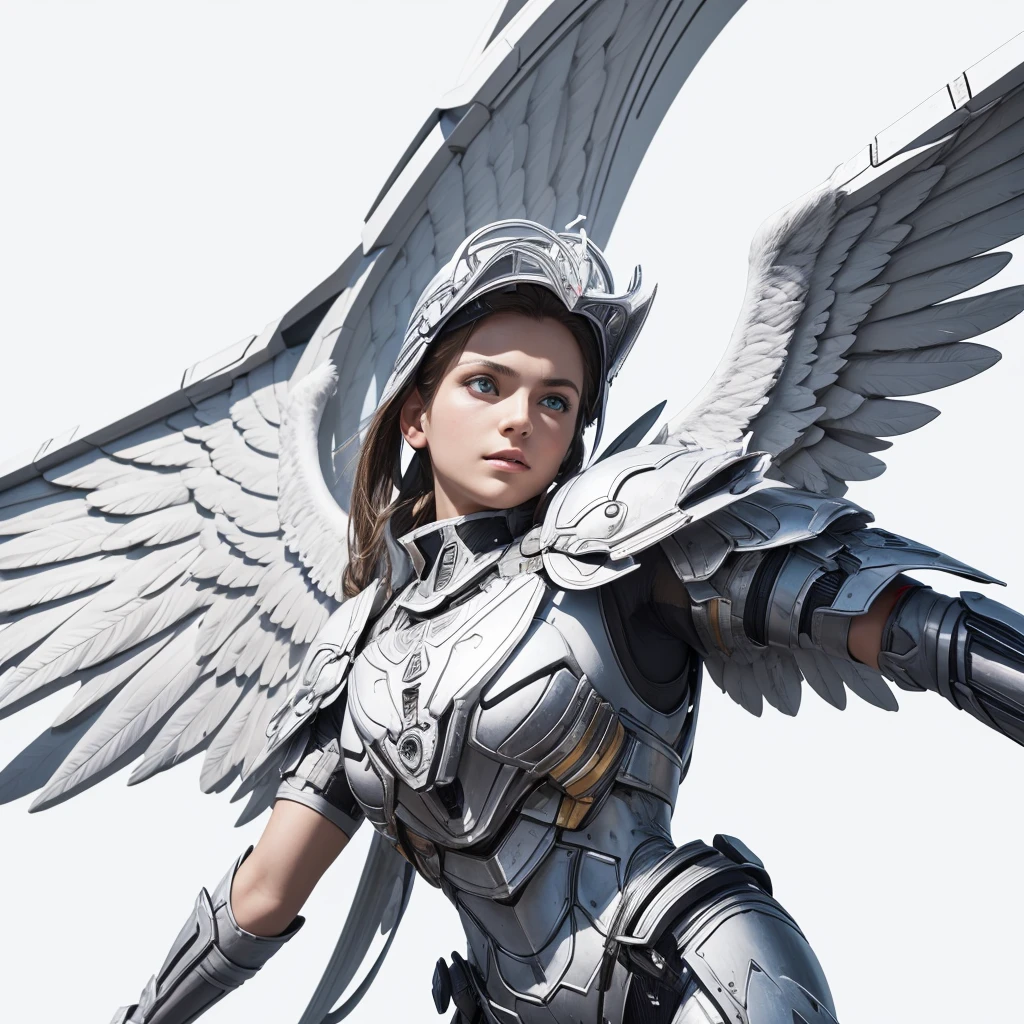 An archangel in a frontal position, on a white background looking towards me spreading its 4 wings