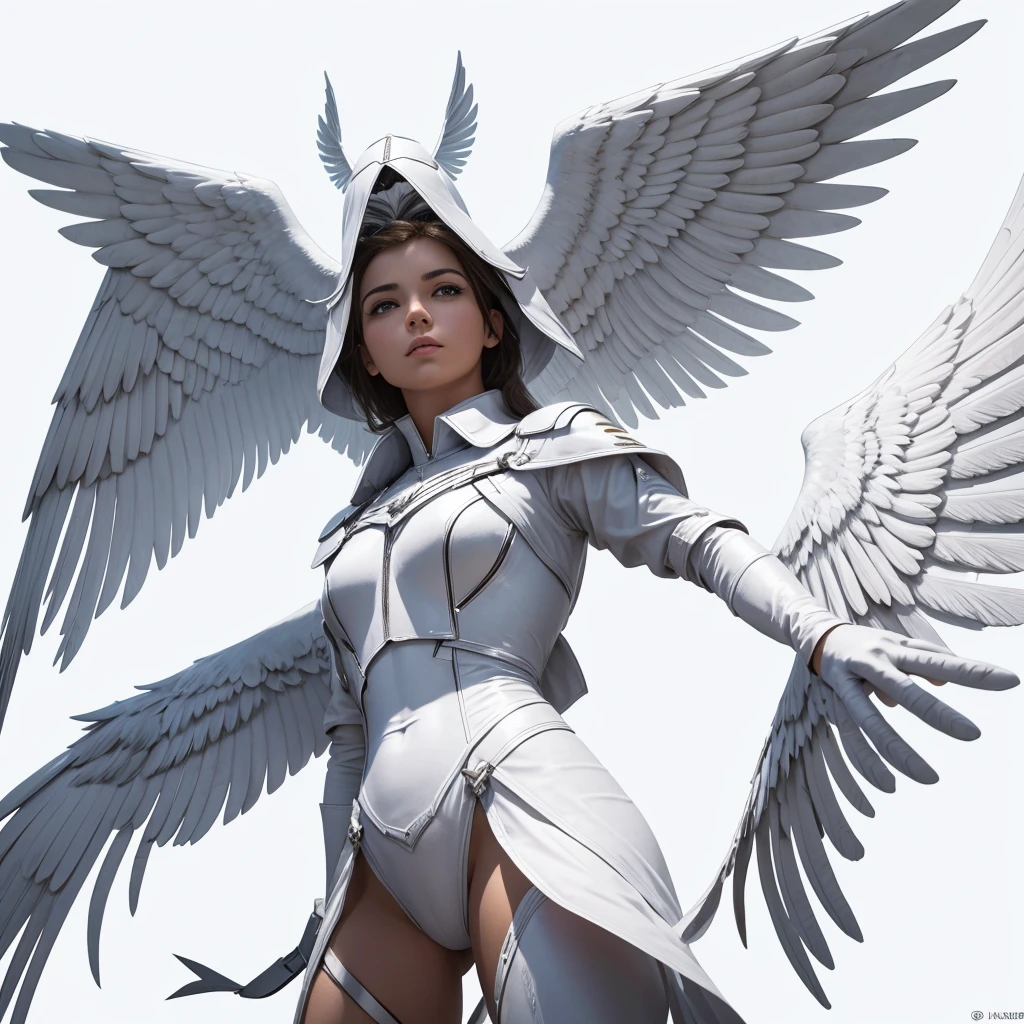An archangel in a frontal position, on a white background looking towards me spreading its 4 wings