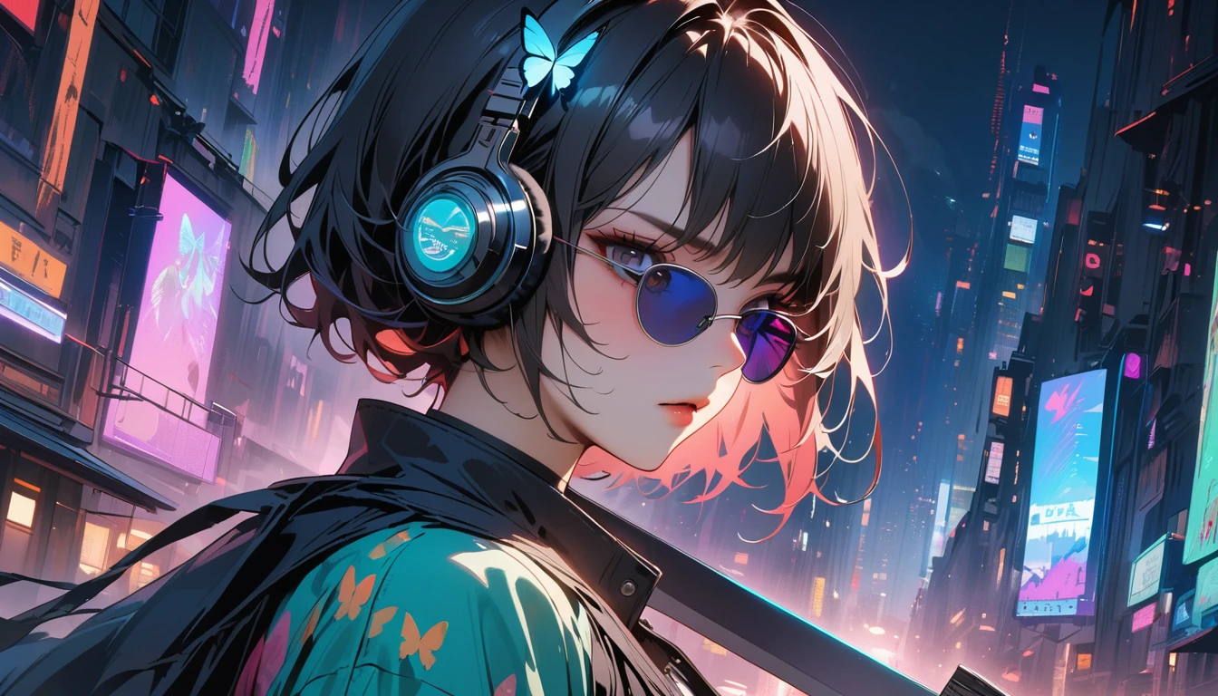 (((8K, Masterpiece, high resolution, highest quality, highest quality real texture skin))), ((wearing Japanese pattern headphones)), (((1 girl))), (((Butterfly patterned haori coat))), (((Holding a sword))), (((Cyberpunk City at Night))), ((sunglasses)), (((Maid))), (Black shiny hair, beige skin)