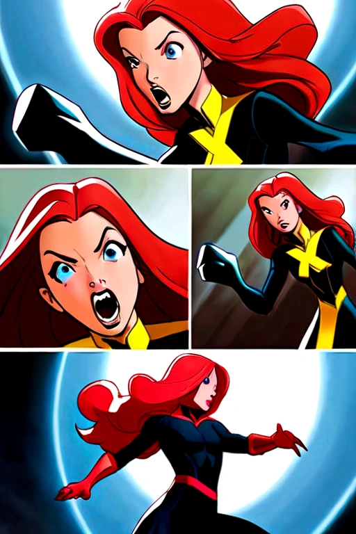 Both girls in the frame Dynamic poses of (( Jean Grey from X-men)) in a fight to the death against (Scarlet Witch from Avengers)) fierce expressions, brutal catfight, brutal withcfight sensation, unforgettable event, thrilling encounter