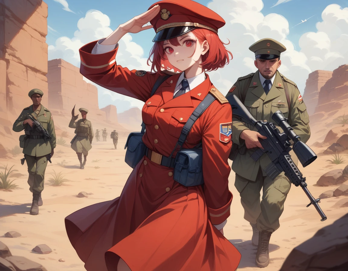 A platoon of girls wearing bright red military uniforms and long red skirts、A pair of a girl platoon leader and a soldier wearing a red military uniform and a red long skirt and equipped with an assault rifle、desert、Most salute