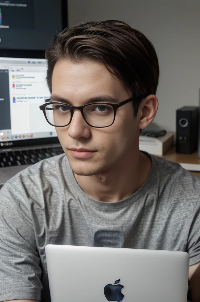 boy , Lithuanian,27 years , IT specialist , there are many computers with graphs in the background,model,short haircut , average build,rectangular glasses with gray frames on the face,asymmetrical facial features,sitting with a macbook ,casual clothing,brown-haired,Realism,жпик Realism,A living person,a real man