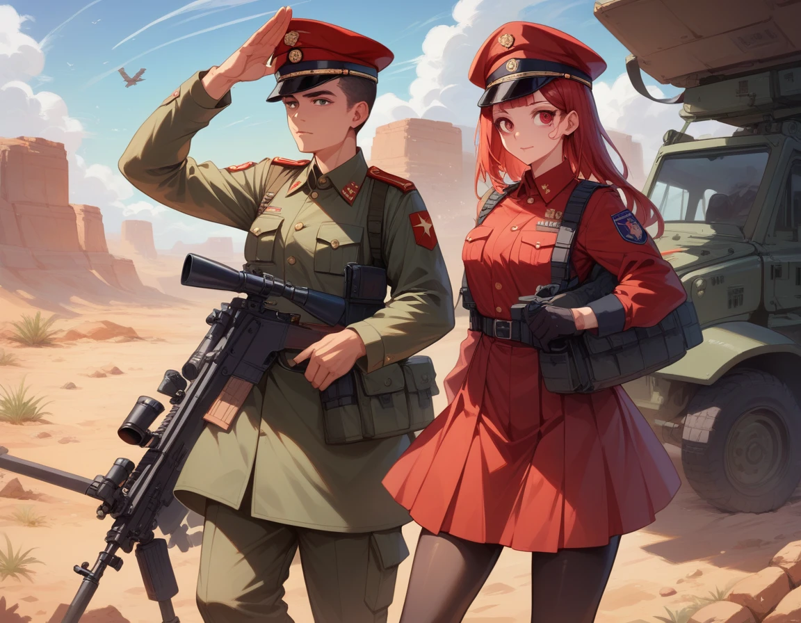 A platoon of girls wearing bright red military uniforms and long red skirts、A pair of a girl platoon leader and a  soldier wearing a red military uniform and a red long skirt and equipped with an assault rifle、desert、Most salute