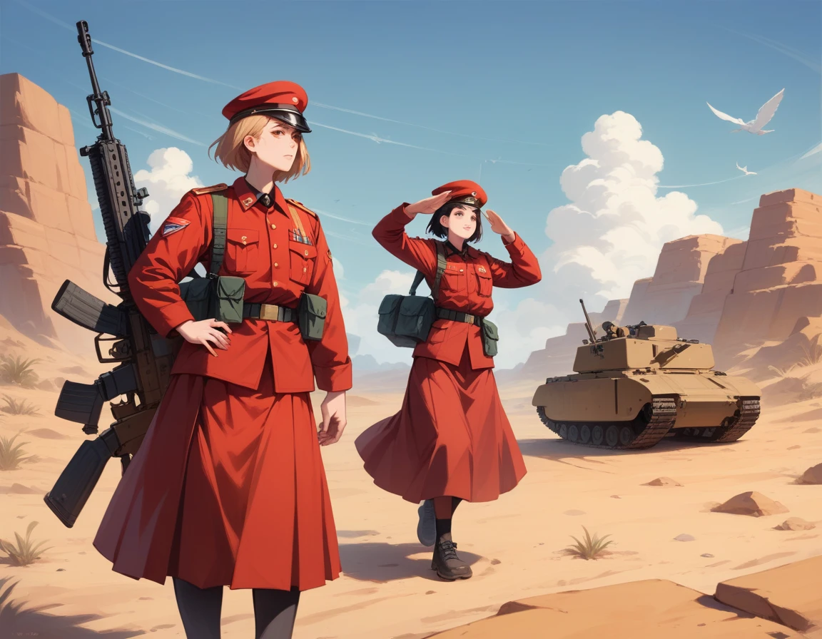 A platoon of girls wearing bright red military uniforms and long red skirts、A pair of a girl platoon leader and a soldier wearing a red military uniform and a red long skirt and equipped with an assault rifle、desert、Most salute