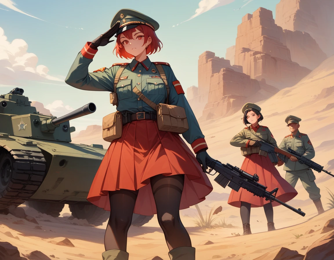 A platoon of girls wearing bright red military uniforms and long red skirts、A pair of a girl platoon leader and a  soldier wearing a red military uniform and a red long skirt and equipped with an assault rifle、desert、Most salute