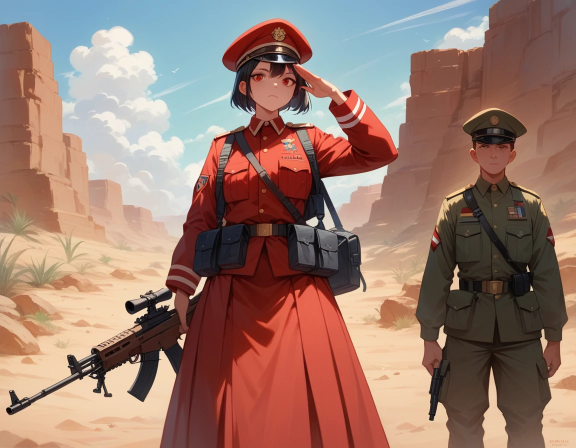 A platoon of girls wearing bright red military uniforms and long red skirts、A pair of a girl platoon leader and a soldier wearing a red military uniform and a red long skirt and equipped with an assault rifle、desert、Most salute