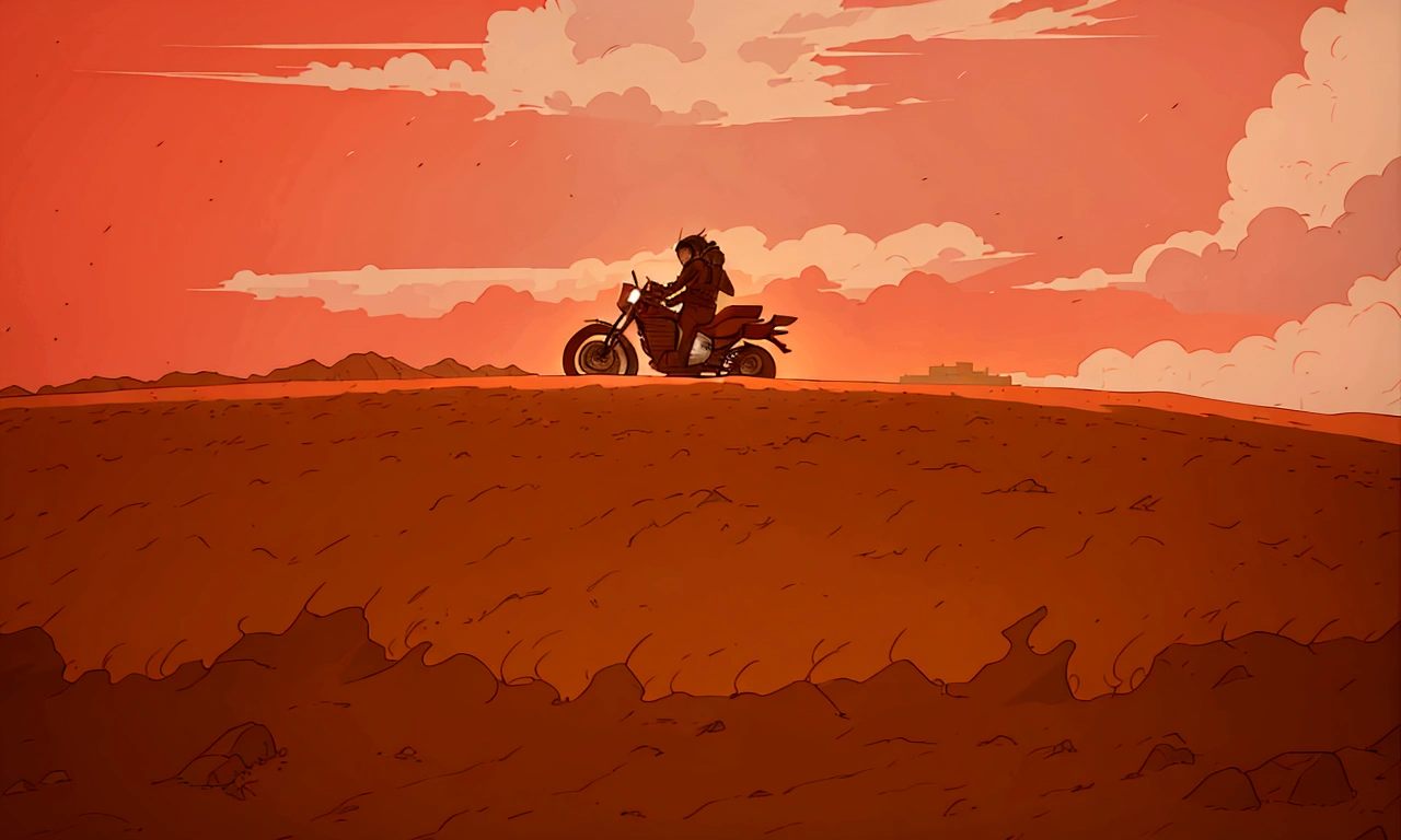 there is a man riding a motorcycle on a hill in the desert, akira motorcycle, akira's motorcycle, from akira ( 1 9 8 8 ) style,  rider, random background scene, mad max fury road style, animation still screencap, animated movie shot, fury road, in mad max style, from evangelion, animated movie scene, akira moto, animated film still