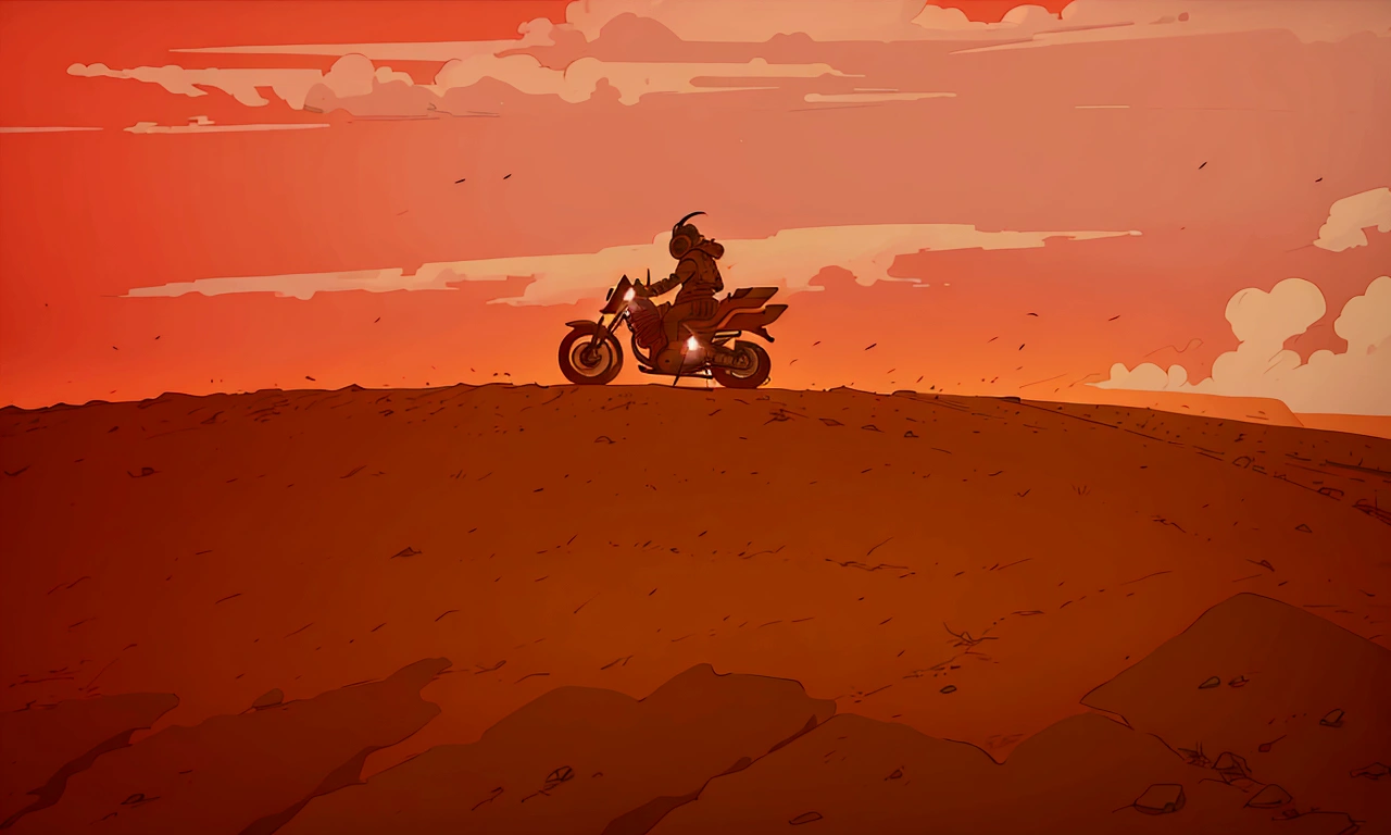 there is a man riding a motorcycle on a hill in the desert, akira motorcycle, akira's motorcycle, from akira ( 1 9 8 8 ) style,  rider, random background scene, mad max fury road style, animation still screencap, animated movie shot, fury road, in mad max style, from evangelion, animated movie scene, akira moto, animated film still