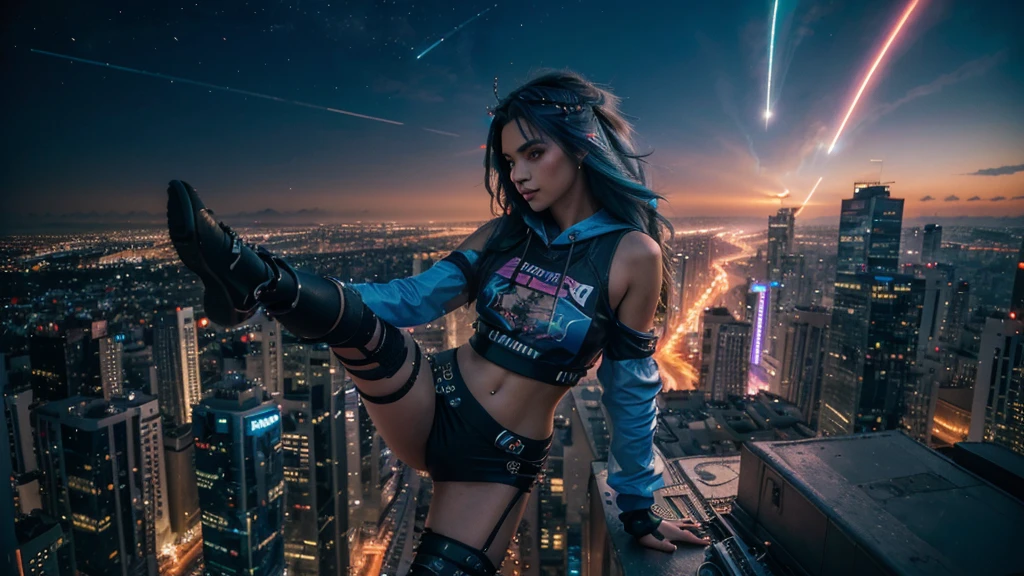 (tmasterpiece), Best quality at best, Ultra-high resolution,, Cyberpunk 1girl flies over stunning cityscapes ,hoody,Blue hair, neon colored meteor, Very long hair, cropped shoulders, feathers hair ornament, neon colored, Twinkle, stunning night sky, light, realisticlying, realisticing skin, HighDynamicRange,fish eye