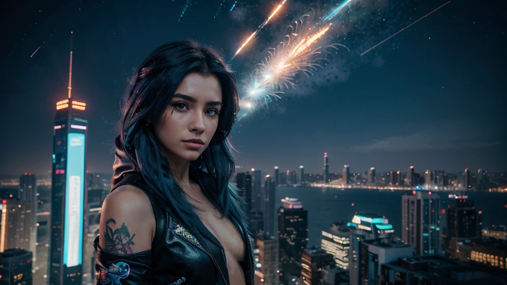 (tmasterpiece), Best quality at best, Ultra-high resolution,, Cyberpunk 1girl flies over stunning cityscapes ,hoody,Blue hair, neon colored meteor, Very long hair, cropped shoulders, feathers hair ornament, neon colored, Twinkle, stunning night sky, light, realisticlying, realisticing skin, HighDynamicRange,fish eye