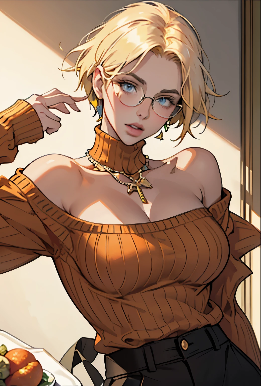 (masterpiece, Highest quality) One girl, Ashley Graham RE, alone, chest, View your viewers, short hair, blue eyes, shirt, Bare shoulders, jewelry, medium chest, Green Eyes, Upper Body, Blonde, parted lips, No sleeve, necklace, sweater, lips, turtleneck, Bobcut, ribbed sweater, Realistic, nose, No sleeve turtleneck, orange shirt, orange sweater,Put glasses on your head,