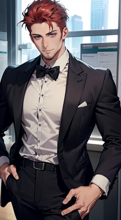 (best quality,4k,8k,highres,masterpiece:1.2),ultra-detailed,(realistic,photorealistic,photo-realistic:1.37),1 man,31 years old,mature man,very handsome,without expression,smile,short grey red hair,blue eyes,penetrating gaze,perfect face without errors,imposing posture,businessman,office background,cinematic lighting,hdr image