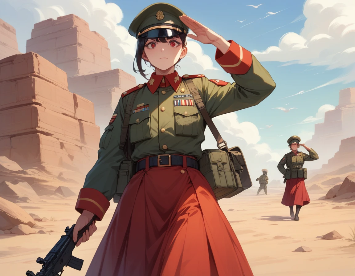A platoon of girls wearing bright red military uniforms and long red skirts、A pair of a girl platoon leader and a soldier wearing a red military uniform and a red long skirt and equipped with an assault rifle、desert、Most salute