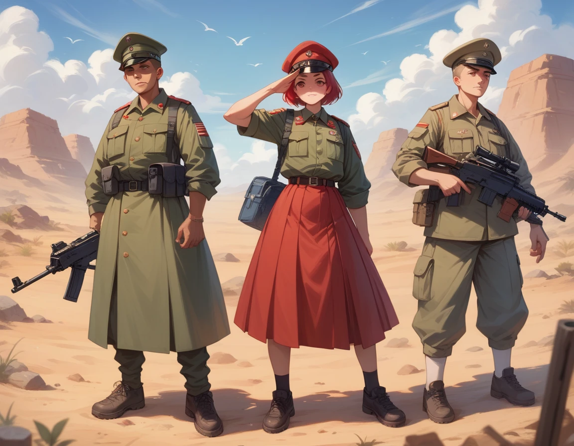 A platoon of girls wearing bright red military uniforms and long red skirts、A pair of a girl platoon leader and a soldier wearing a red military uniform and a red long skirt and equipped with an assault rifle、desert、Most salute