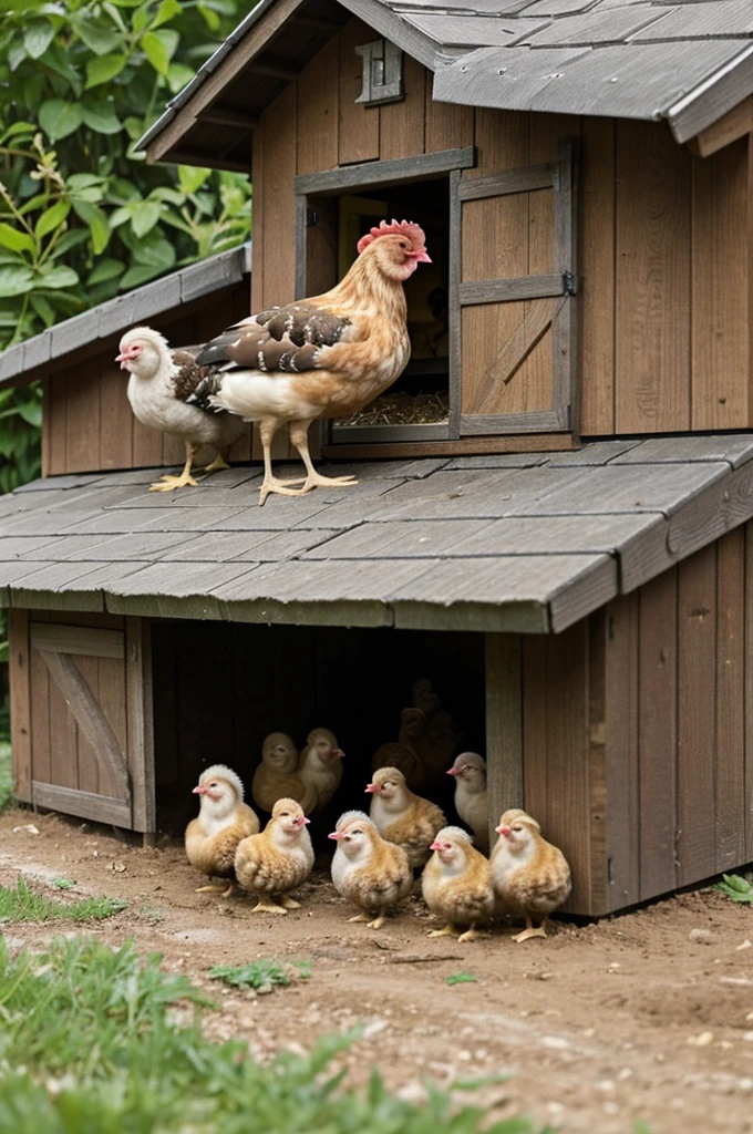 In a corner behind the village house, there is a mother hen and her chicks happily looking for food at the edge of a coop.It looks like the chicks are happy next to the mother hen who is busy scratching the ground looking for food