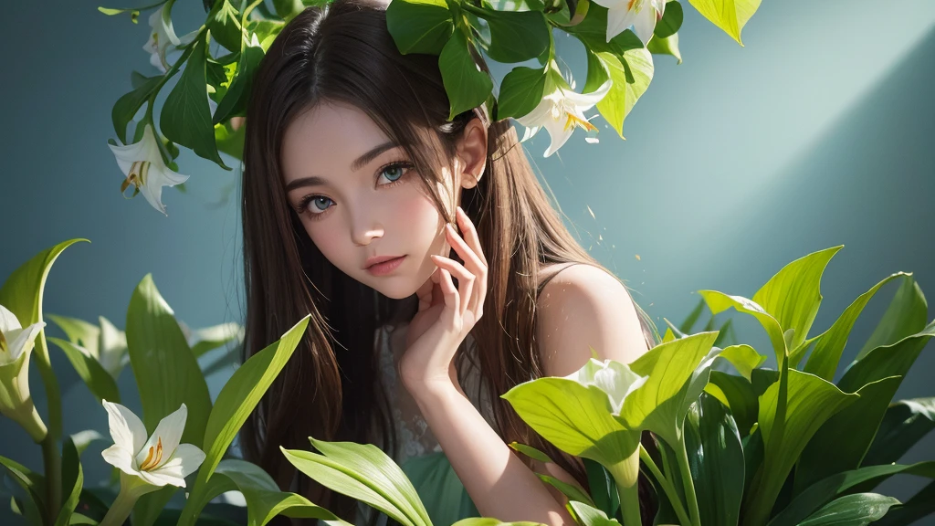 32k, Masterpiece, Highest quality, One girl, Brown Hair, Detailed eyes, flower,Amaryllis, Blue and green style,A dreamy, romantic piece,Pale yellow, Mysterious Leaves,A playful arrangement,Fantasy,High Contrast,Ink strokes,explosion,Exposure, Impression of blue and green tones,Abstract, Brush strokes,Negative Space, Tyndall effect