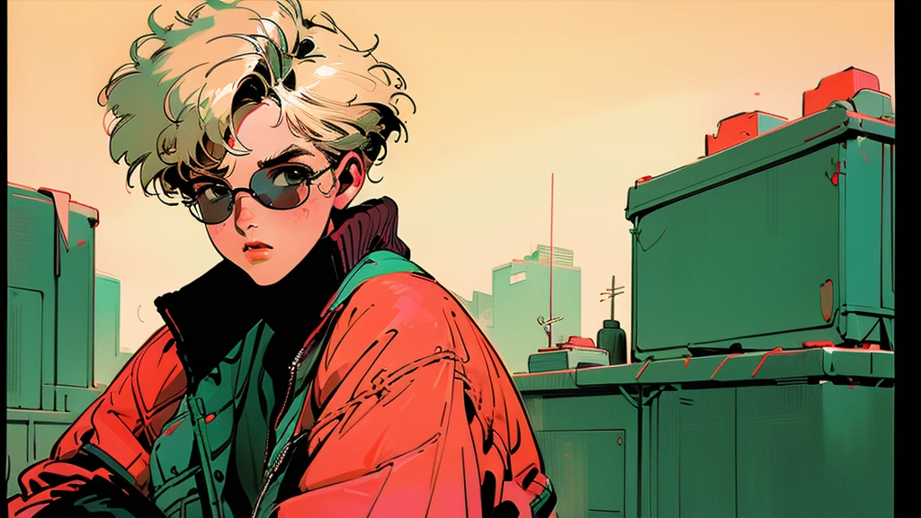 Beautiful Korean Women、Ash Blonde Hair, headphone, He is wearing a leather jacket and red sunglasses., The city behind her, In the style of neon realism, Charming character, action, Gadget Punk, solapunk, Colorful street scene, Crimson and amber, Neon Black, Soft lighting, night, nighttime, Realistic, red lighting, Green Lighting, Hard Shadows, masterpiece, highest quality, complicated, Model shooting style, Vintage, Film Grain, Incomplete details
