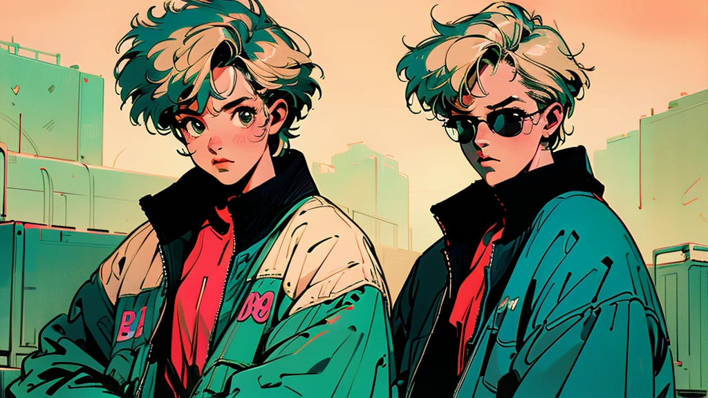 Beautiful Korean Women、Ash Blonde Hair, headphone, He is wearing a leather jacket and red sunglasses., The city behind her, In the style of neon realism, Charming character, action, Gadget Punk, solapunk, Colorful street scene, Crimson and amber, Neon Black, Soft lighting, night, nighttime, Realistic, red lighting, Green Lighting, Hard Shadows, masterpiece, highest quality, complicated, Model shooting style, Vintage, Film Grain, Incomplete details