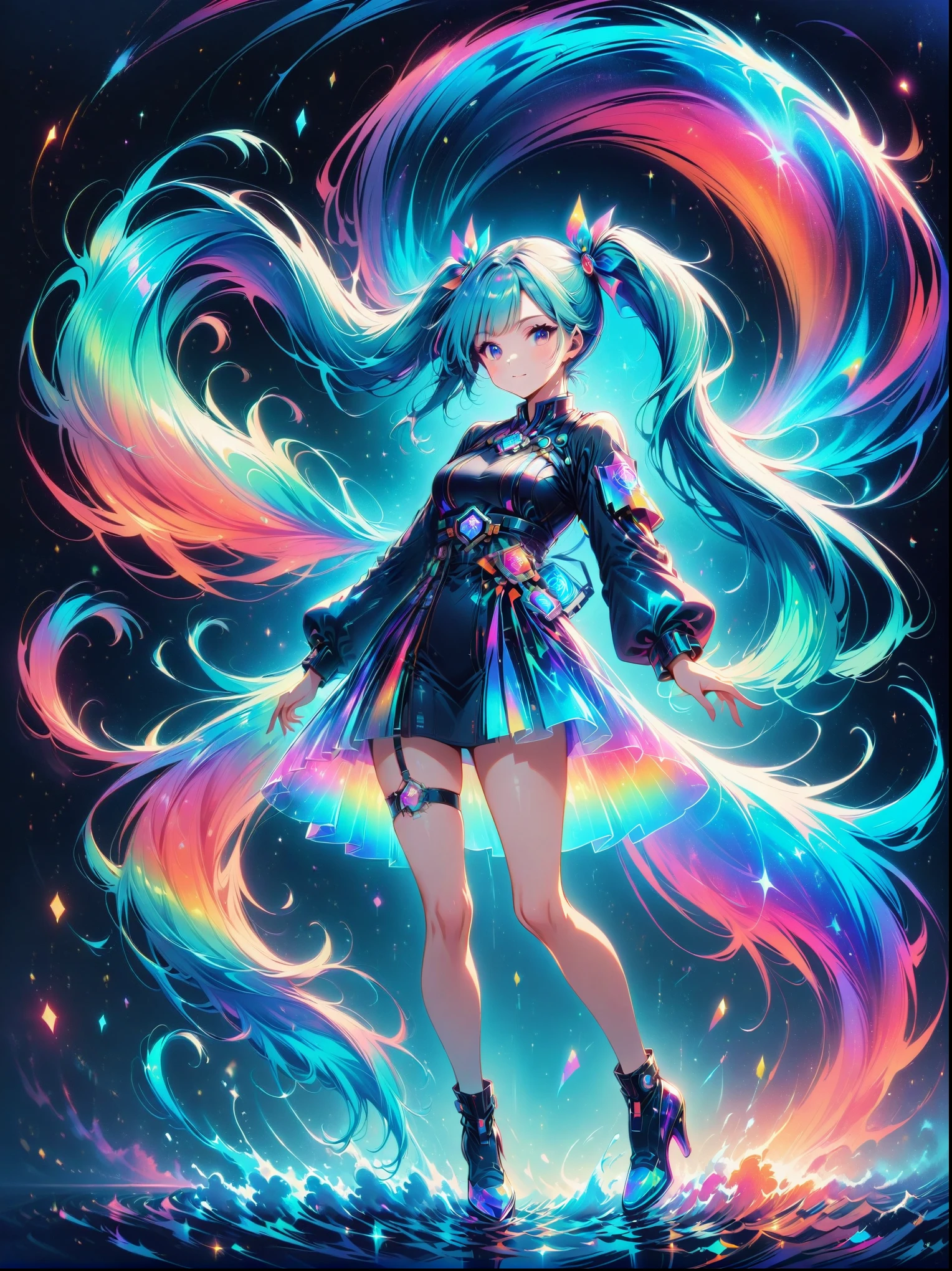 (A young woman with cyan hair in double ponytails:1.5),Wearing a futuristic outfit,Consists of an electronic-themed dress,(She was wearing transparent high heels made of electronic elements.:1.3),Her headband consists of a square-shaped emblem.,Hanging ribbons,The color palette includes cyan,black and white,The overall tone is colorful and vibrant,(Full body shot:1.5),(Vision:1.5)