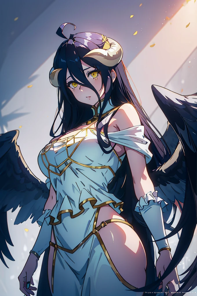 Albedo, with large breasts and hips, yellow cat eyes, gray skin, white horns with red roses and chains.