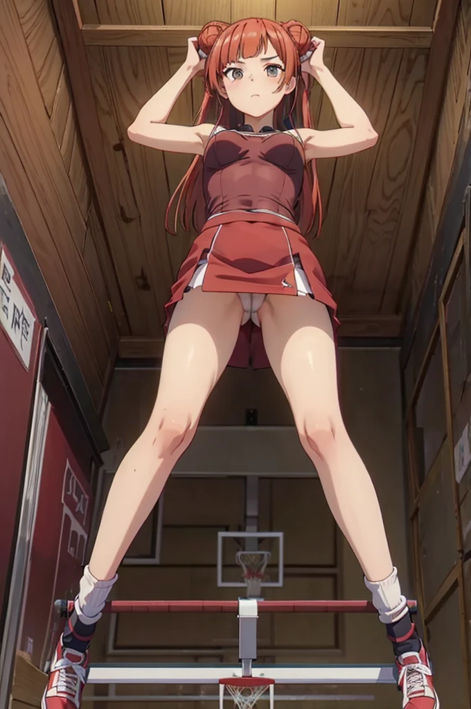 (真From below:1.5), From below, whole body, Focus Only, Beautiful girl, Are standing,Spread your legs, basketballのユニフォーム, Best Uniform,bra,bottomless, (shibari), Analog Style, (Pull your arms back), Restrained legs and arms, View your audience, (Embarrassing), School gym, basketball, indoor, (masterpiece, Highest quality:1.3)