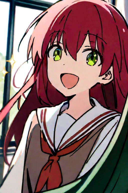 Highest quality, masterpiece, High resolution, 一人in, {we_It is in it_Bocchi the Rock:1.15}, red_hair, length_hair, 前hair, hair_between_eye, One_~ side_superior, green_eye, smile, One girl, red面, indoor, Looking_in_Audience, Sailor_collar, School_uniform, sweindrop, white_Sailor_collar, window, Parody, :d, curtain, Open_mouth, swein, Blurred, Blurred_background, Seraphim