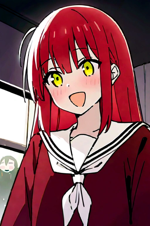 Highest quality, masterpiece, High resolution, 一人in, {we_It is in it_Bocchi the Rock:1.15}, red_hair, length_hair, 前hair, hair_between_eye, One_~ side_superior, green_eye, smile, One girl, red面, indoor, Looking_in_Audience, Sailor_collar, School_uniform, sweindrop, white_Sailor_collar, window, Parody, :d, curtain, Open_mouth, swein, Blurred, Blurred_background, Seraphim