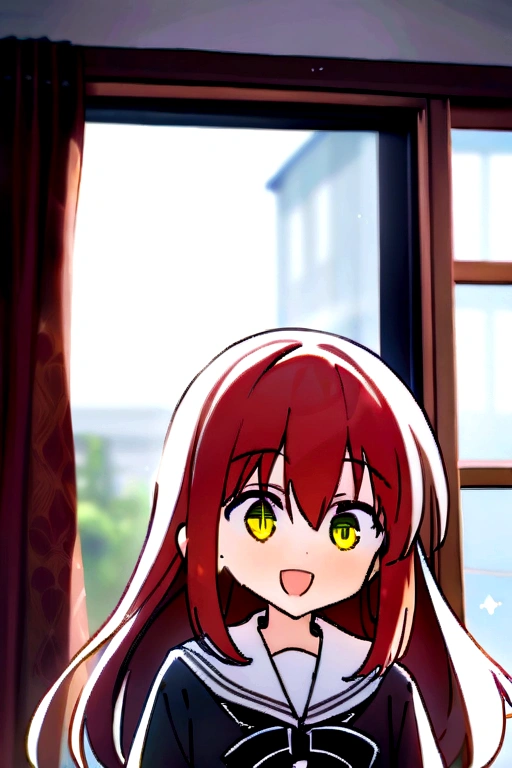 Highest quality, masterpiece, High resolution, 一人in, {we_It is in it_Bocchi the Rock:1.15}, red_hair, length_hair, 前hair, hair_between_eye, One_~ side_superior, green_eye, smile, One girl, red面, indoor, Looking_in_Audience, Sailor_collar, School_uniform, sweindrop, white_Sailor_collar, window, Parody, :d, curtain, Open_mouth, swein, Blurred, Blurred_background, Seraphim