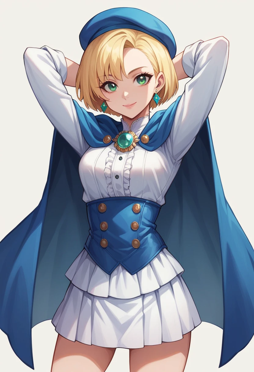 Фаджойено-style, masterpiece, Best quality, 1 girl, 21 years old, smile, pink lips, sea green eyes, Blue Beret, blonde hair, closed mouth, earrings, It has, gem earrings, jewelry, Looking at the viewer, mini skirt, shirt, blue cloak, short hair, One, cowboy shot, hands behind your head, dim, Dark, high contrast, caustic