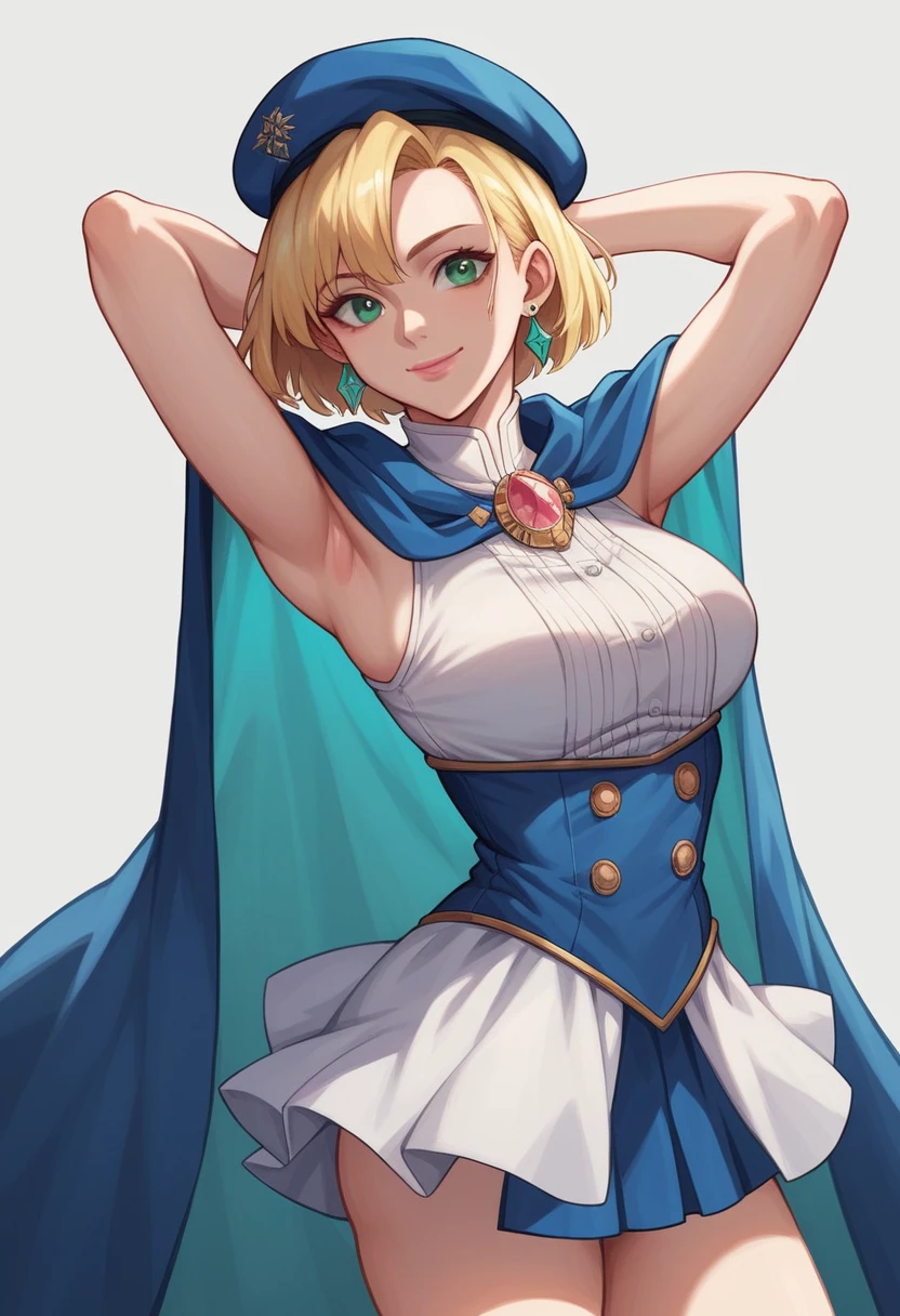 Фаджойено-style, masterpiece, Best quality, 1 girl, 21 years old, smile, pink lips, sea green eyes, Blue Beret, blonde hair, closed mouth, earrings, It has, gem earrings, jewelry, Looking at the viewer, mini skirt, shirt, blue cloak, short hair, One, cowboy shot, hands behind your head, dim, Dark, high contrast, caustic