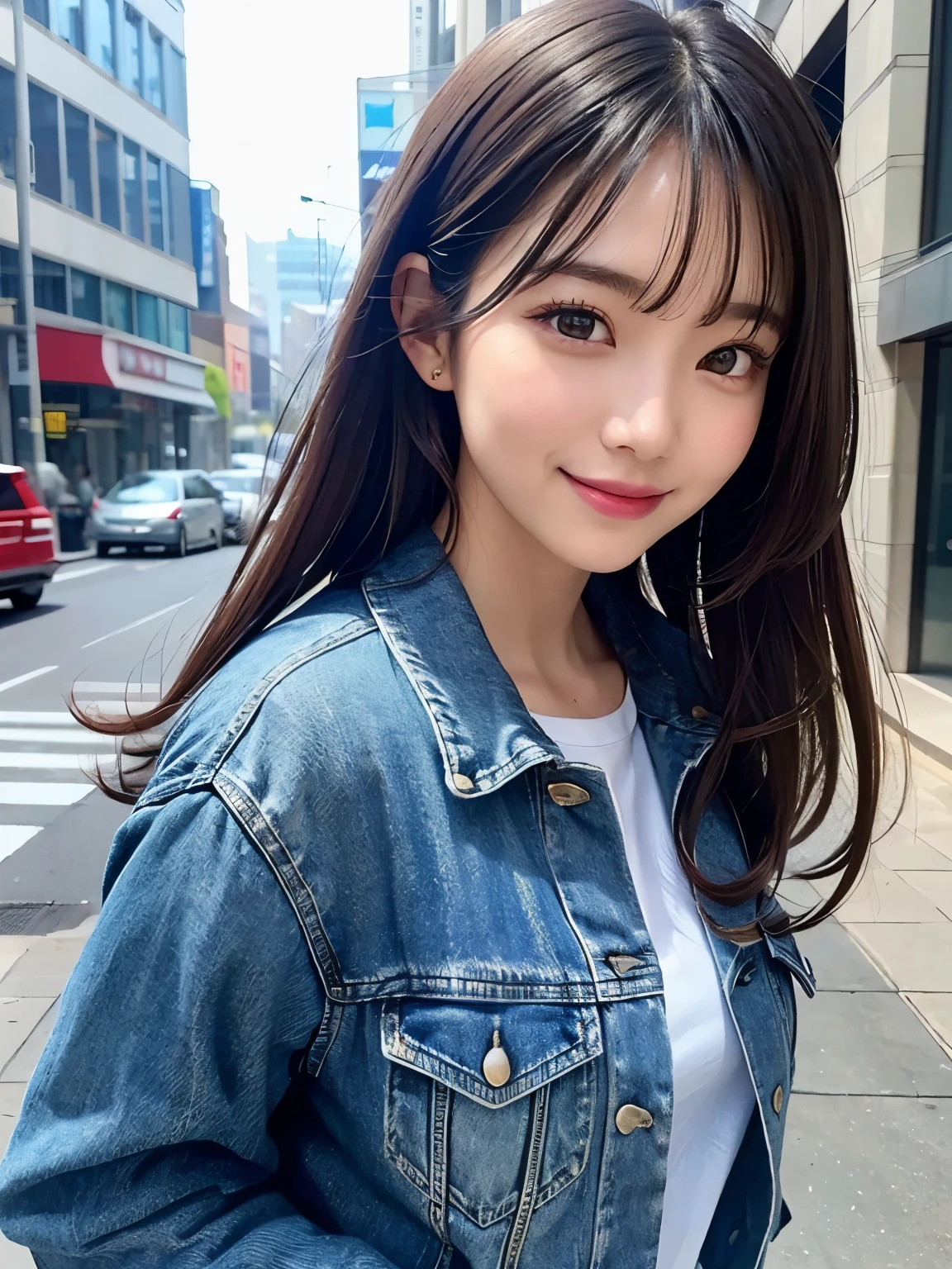City pop woman, dark hair, loose hair, smiling, upper body, denim jacket, masterpiece, top quality, super detailed, ultra detailed, 4K, 8K, ((clearly drawn face)), (beautiful detailed eyes, super detailed skin))