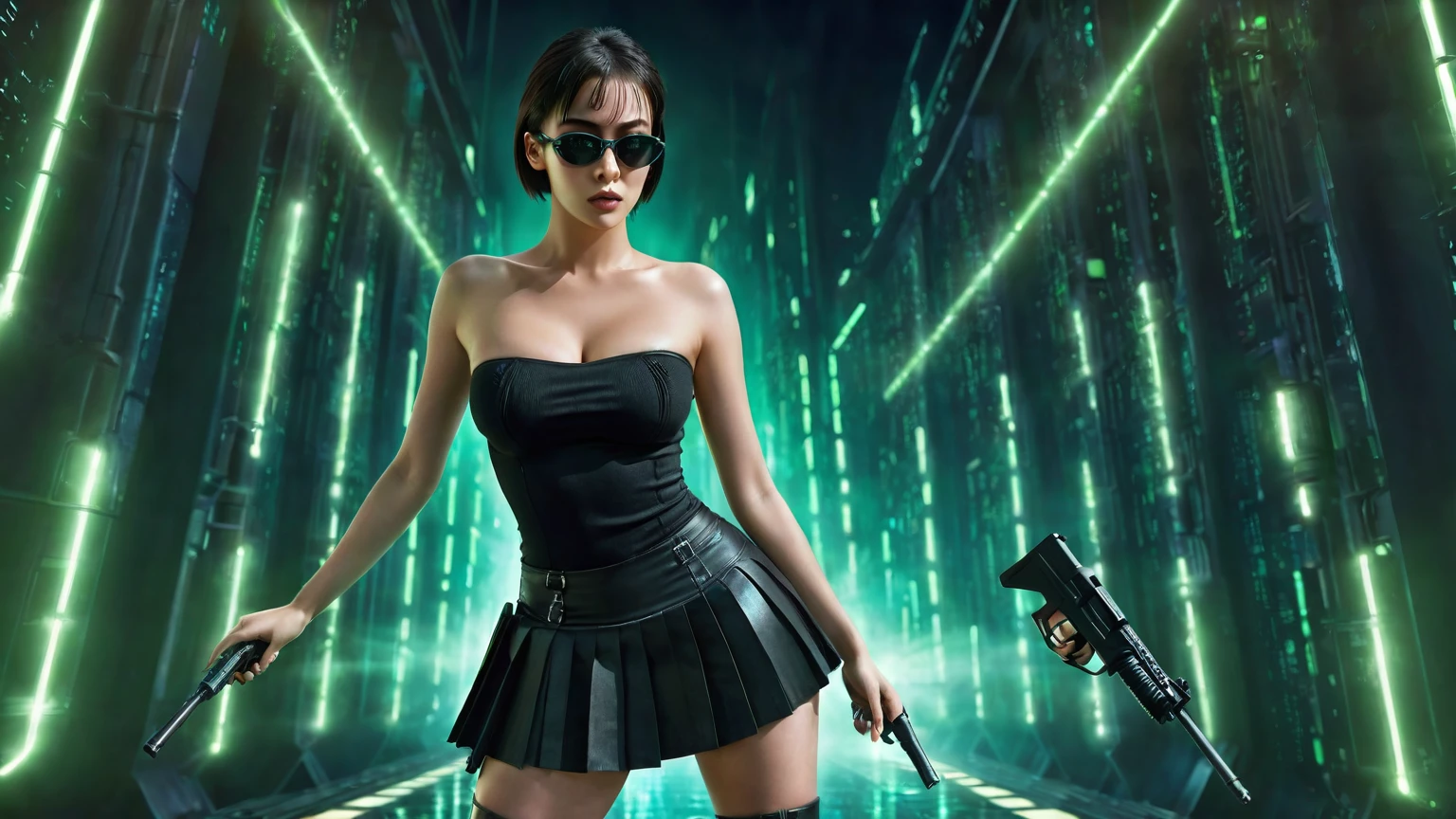 aerial view. sci-fi background. Matrix style, at night, dark sky, (1girl, solo))), photo realistic, (large-breast:1.3 slim body, cleavage:1.2), (((tube top, very short pleated miniskirt))), (((((matrix style black sunglasses))))), (((aiming at camera with a mini pistol))), (looking at camera), (((((half-body thigh level medium shot))))), (cinematic lighting).