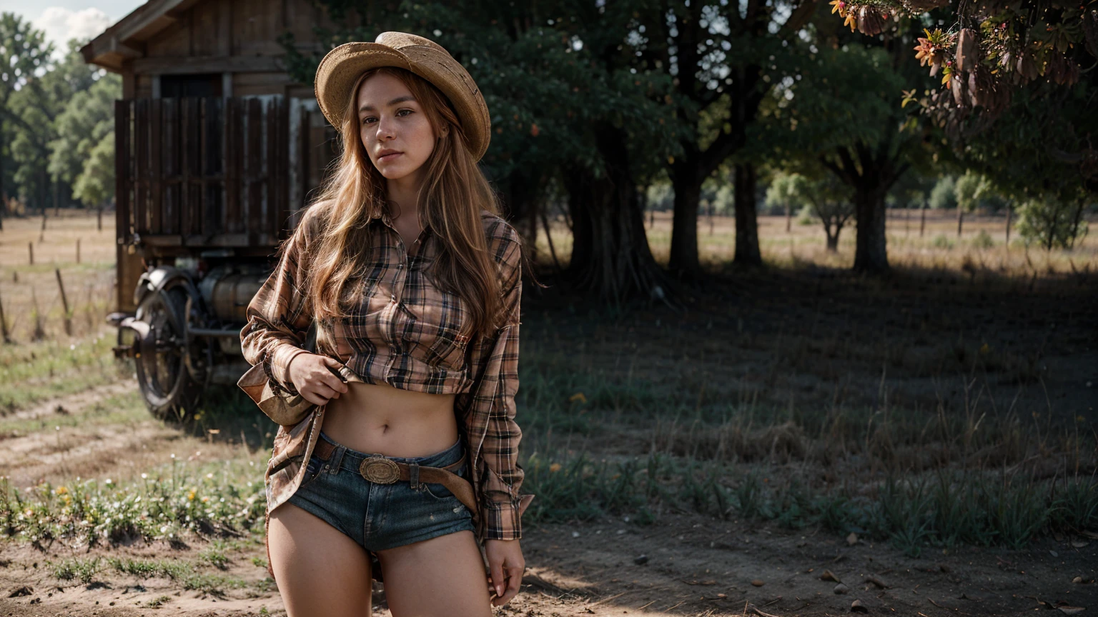 Masterpiece, Of the highest quality, Colorful cinematic lighting, peach farmer portrait photography with overflow [Orange|yellow] Hair, With fitted red plaid flannel shirt, Daisy Dukes, embellished leather cowboy boots, (wearing cowboy hat), (Perfect face:1.1), standing under a peach tree in rolling pastures, Sunset in the background, dappled light, romantic, HDR, Very detailed, Hasselblad, 8k, Hyper realistic, shot at eye level, F1.4 opening, 8mm film grain, Cinestill 800, in the background a coutry, smoke and ashes floating in the air
