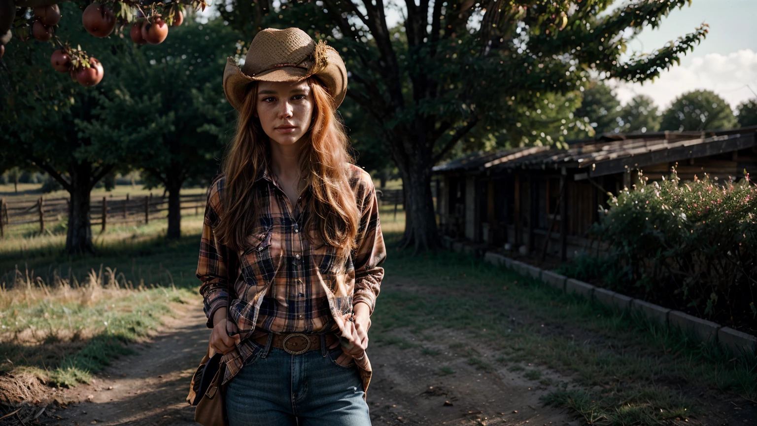 Masterpiece, Of the highest quality, Colorful cinematic lighting, peach farmer portrait photography with overflow [Orange|yellow] Hair, With fitted red plaid flannel shirt, Daisy Dukes, embellished leather cowboy boots, (wearing cowboy hat), (Perfect face:1.1), standing under a peach tree in rolling pastures, Sunset in the background, dappled light, romantic, HDR, Very detailed, Hasselblad, 8k, Hyper realistic, shot at eye level, F1.4 opening, 8mm film grain, Cinestill 800, in the background a coutry, smoke and ashes floating in the air