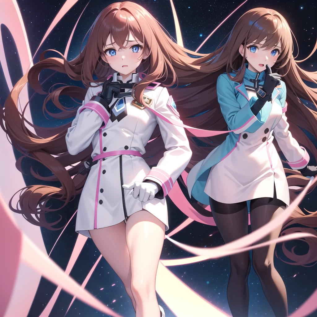 A woman, long brown hair [Wavy hair at the end of the hair,], blue eyes [bright pupils 1.5] break 
White shirt[with white shirt collar], Pink coquette jacket[Zipped up half way], Space blue short, Black gloves[short gloves,cover only the wrist and middle finger], Black tights, White legs warm,Blown boots [Short]. Break 

