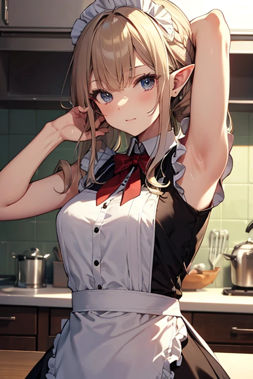 A maid, (in kitchen), various hair styles, night, details face, short skirt, seducing, sleeveless, maid uniform, armpits, elf
