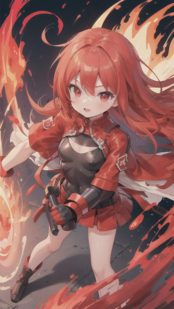 (best quality, Vibrant colors:1.2),red bobblehead doll,Vibrant red eyes,Red and black swimsuit,Red gloves,cockfighting,Armor that glows with fire