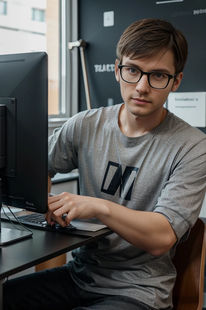 boy , Lithuanian,27 years , IT specialist , there are many computers with graphs in the background,model,short haircut , average build,rectangular glasses with gray frames on the face,asymmetrical facial features,sitting with a macbook ,casual clothing,brown-haired,Realism,жпик Realism,A living person,a real man