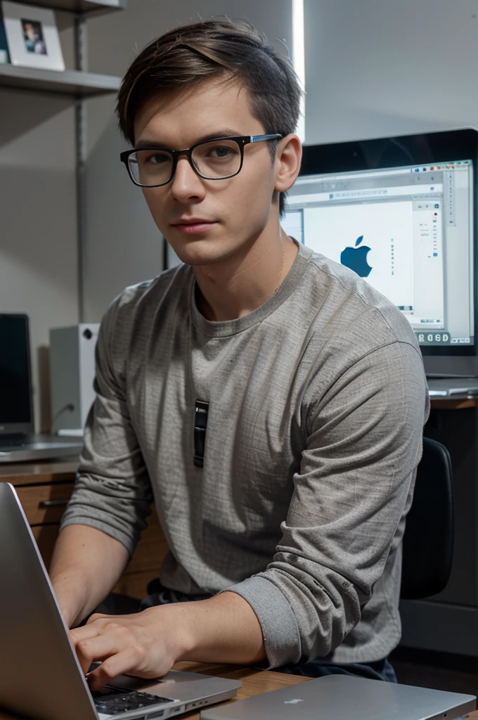 boy , Lithuanian,27 years , IT specialist , there are many computers with graphs in the background,model,short haircut , average build,rectangular glasses with gray frames on the face,asymmetrical facial features,sitting with a macbook ,casual clothing,brown-haired,Realism,жпик Realism,A living person,a real man