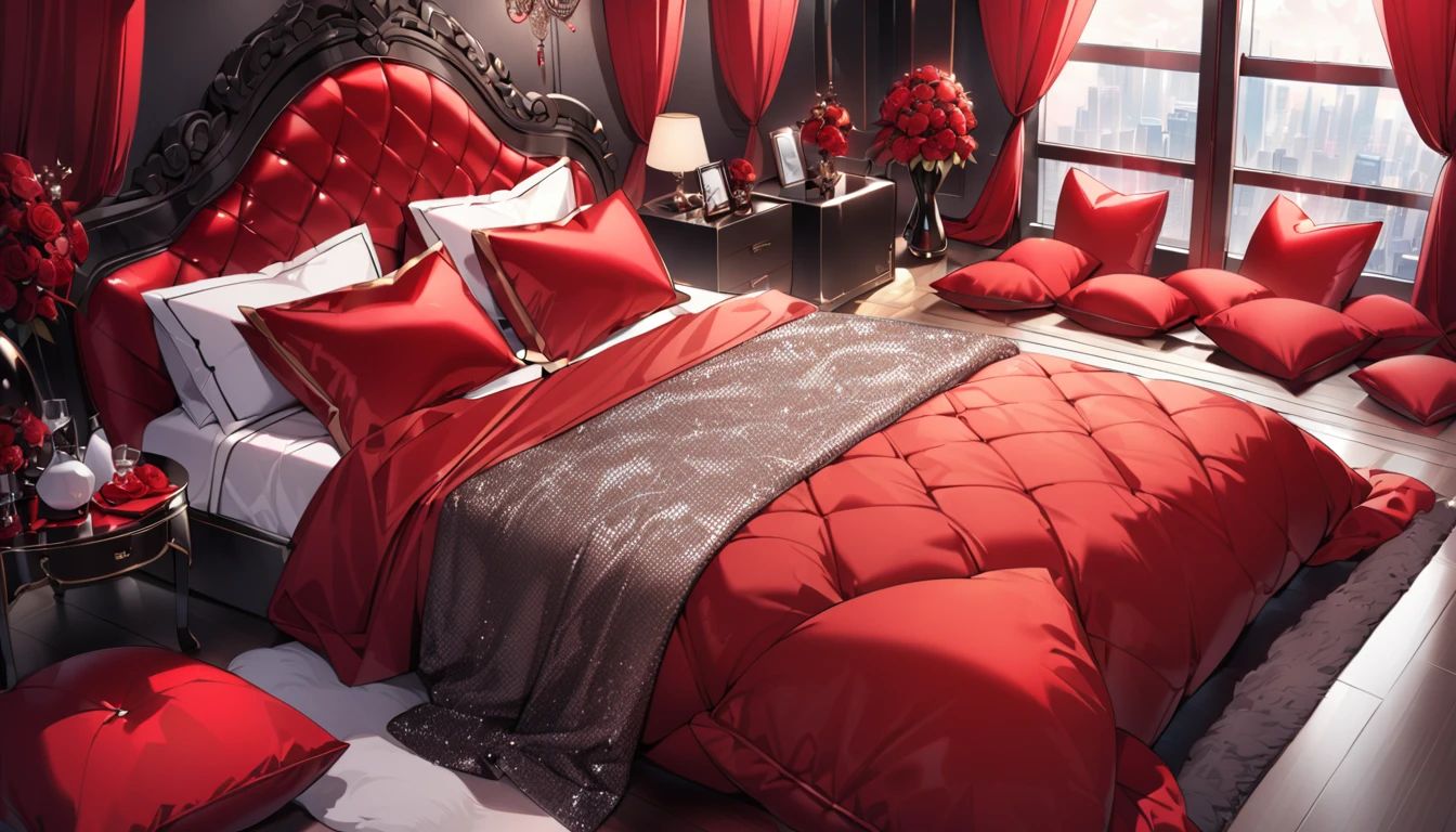Fluffy red silk duvet、Lots of giant red silk pillows、Luxurious fluffy red silk bed