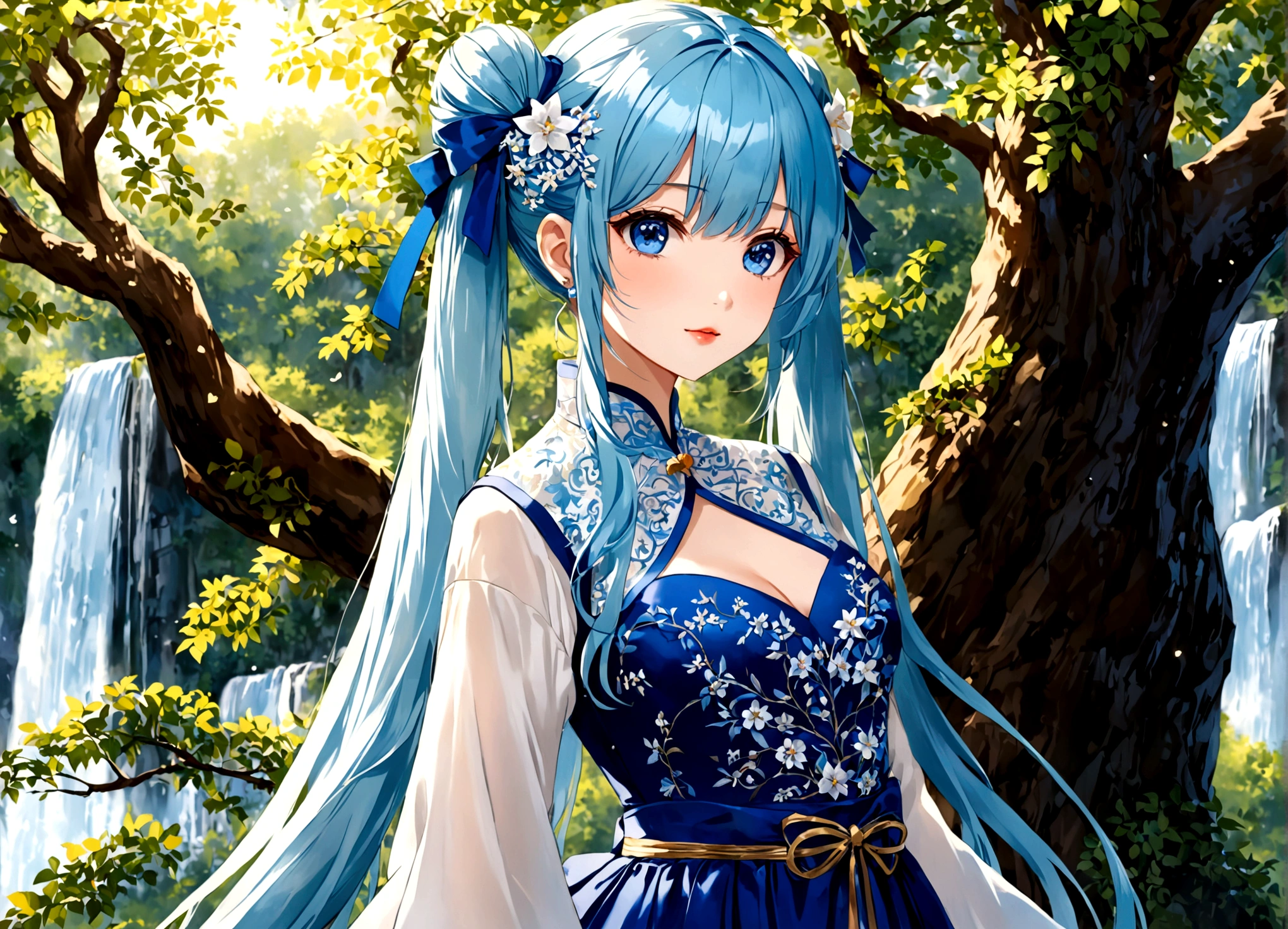 She was wearing a wide-sleeved, double-breasted shirt，White flowers embroidered on the dress，It's like a star in the night sky，There is a blue ribbon tied around the waist，It contrasts sharply with her clothes.，Eye-catching。Her twin ponytails flow like a waterfall，Gently fluttering in the breeze。Her blue eyes are deep and bright，Like the brightest star in the night sky，Reveals a fascinating sense of mystery。Her red lips are so beautiful，It's like a blooming flower，People can't help but want to kiss Fangze。Her face is beautiful，With a faint smile，Gives people a feeling of warmth。 a giant tree, giant tree,(masterpiece:1.2,best quality),(depth of field:1.6),(real picture intricate details),looking at viewer,standing,Portrait Of Stunningly Beautiful Girl,1girl,独奏,(big eyes), Ice Blue hair,short_twintails_Bunches, blue Lace dress,Her temperament is noble and elegant，As if he were a nobleman from a noble family.。Confidence and calm attitude give people an invisible charm。Her figure is slim and graceful，Like a carefully carved work of art。Light and smooth movements，Like a dancer in a dance，Every movement is full of life force and beauty.。