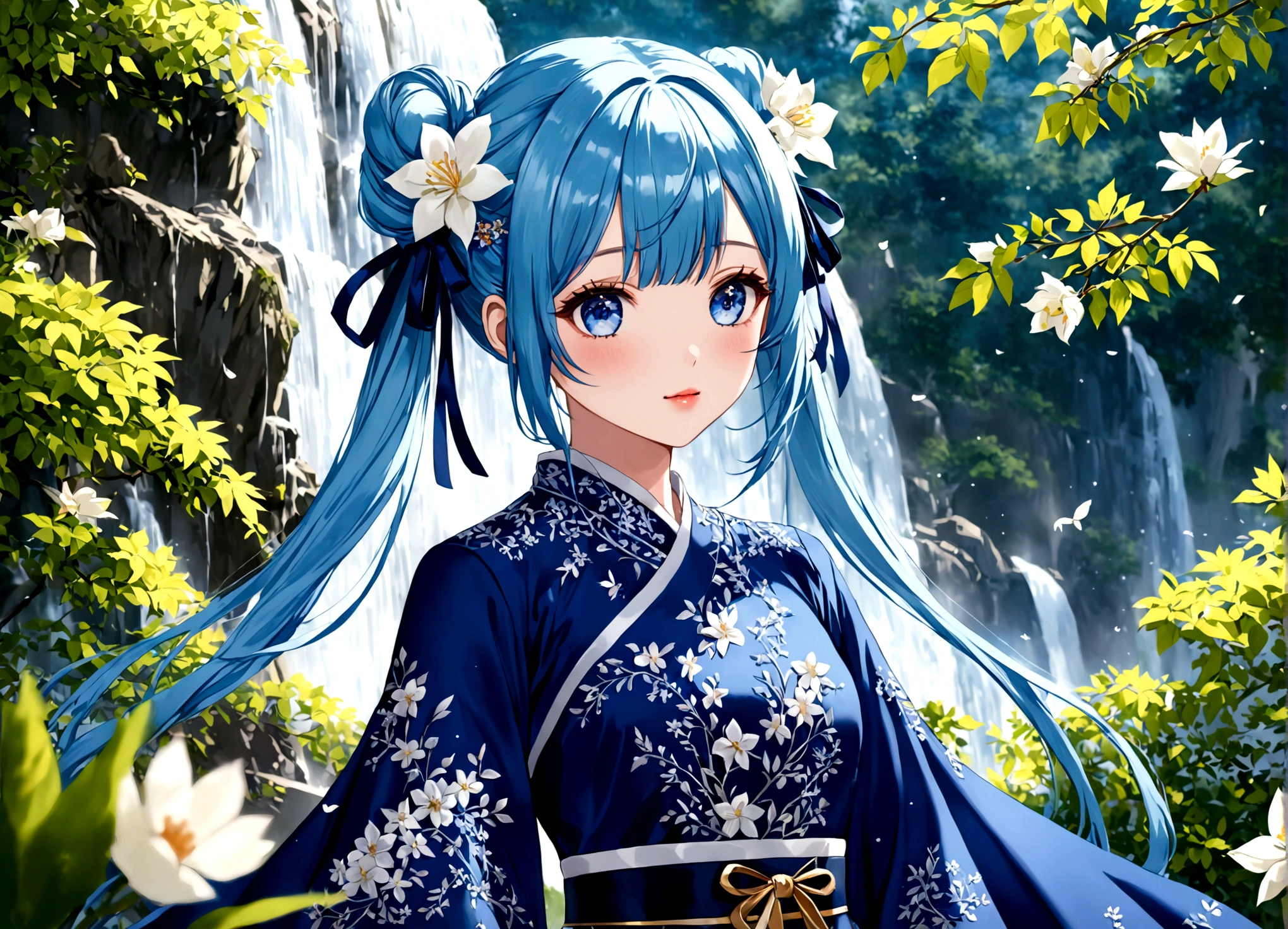 She was wearing a wide-sleeved, double-breasted shirt，White flowers embroidered on the dress，It's like a star in the night sky，There is a blue ribbon tied around the waist，It contrasts sharply with her clothes.，Eye-catching。Her twin ponytails flow like a waterfall，Gently fluttering in the breeze。Her blue eyes are deep and bright，Like the brightest star in the night sky，Reveals a fascinating sense of mystery。Her red lips are so beautiful，It's like a blooming flower，People can't help but want to kiss Fangze。Her face is beautiful，With a faint smile，Gives people a feeling of warmth。 a giant tree, giant tree,(masterpiece:1.2,best quality),(depth of field:1.6),(real picture intricate details),looking at viewer,standing,Portrait Of Stunningly Beautiful Girl,1girl,独奏,(big eyes), Ice Blue hair,short_twintails_Bunches, blue Lace dress,Her temperament is noble and elegant，As if he were a nobleman from a noble family.。Confidence and calm attitude give people an invisible charm。Her figure is slim and graceful，Like a carefully carved work of art。Light and smooth movements，Like a dancer in a dance，Every movement is full of life force and beauty.。