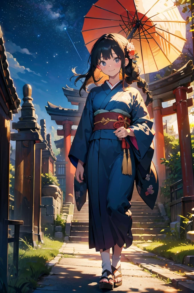 (masterpiece), (high resolution 8K), professional illustration,(1 girl:1.3), late teenage, standing, thigh focus, dutch angle, japanese clothes, kimono, hair ornament, long hair, smile, looking up, shrine, temple, torii, beautiful starry sky, night,natural lighting, high contrast, stunning face, symmetrical clear eyes, detailed eyes and face, detailed skin