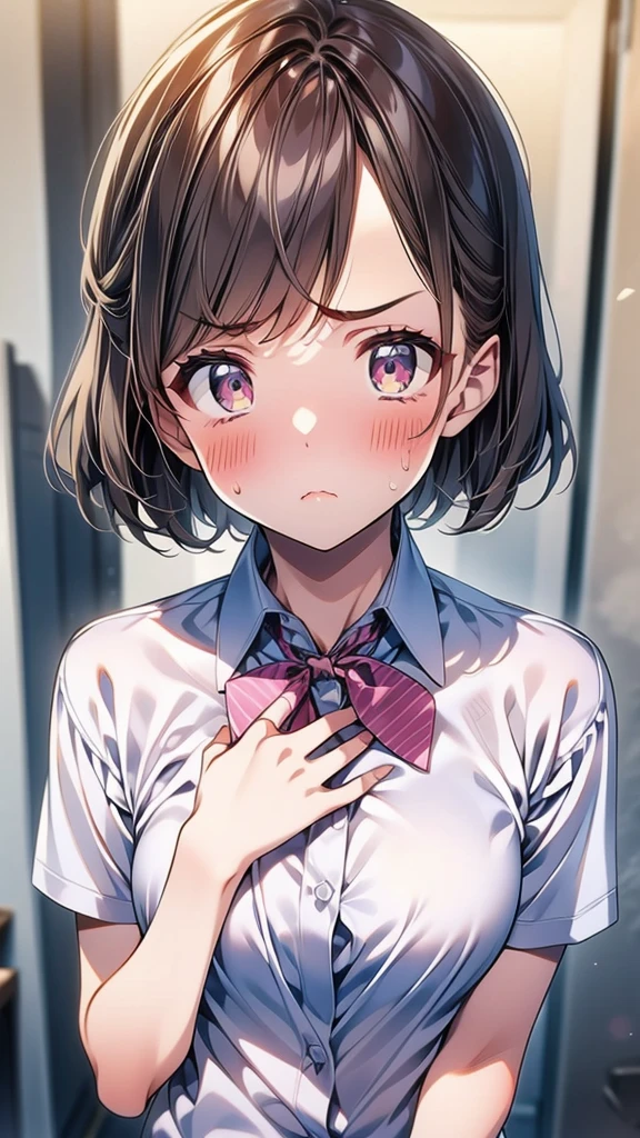 (Beautiful woman、thin), Perfect Anatomy, (OL、White short sleeve shirt、Highest、bow tie,bra,panties)、View your viewers, look up、(Love juice)、(Embrace your chest)、20-year-old、(Highest品質)、Black Hair, short hair、 Messy Hair, (8K, High resolution)、(Embarrassing:1.4)、(blush), Mid-chest, (vapor:1.1), Sulky face,Disgust