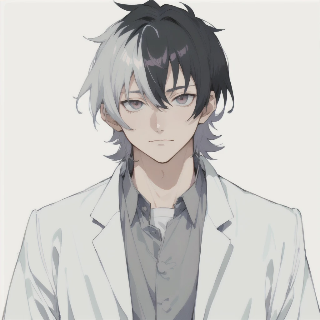 Cartoon image of a man with grey hair and wearing a white jacket, Silver-haired madman, He has dark grey hair, As an anime character, inspired by Okumura Togyu, inspired by Un'ichi Hiratsuka, Male Anime Characters, Vector Shading Anime, kaworu nagisa, okata kazuto, Kentaro Miura Manga Style