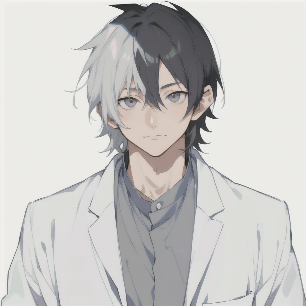 Cartoon image of a man with grey hair and wearing a white jacket, Silver-haired madman, He has dark grey hair, As an anime character, inspired by Okumura Togyu, inspired by Un'ichi Hiratsuka, Male Anime Characters, Vector Shading Anime, kaworu nagisa, okata kazuto, Kentaro Miura Manga Style