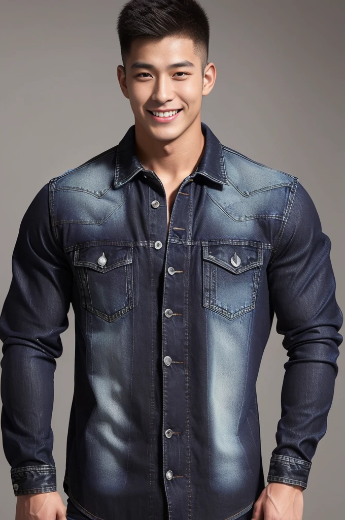 handsome man ,Age 20 , short hair, Korea , student,(((Wear a black long-sleeved denim shirt.......))), full body view,smile ,chest muscles, Big arm muscles, big muscles, Broad shoulders ,sportsperson , upper body (1), rain: 1.3, Gym: 1.2, body drenched: 1.1, cycling