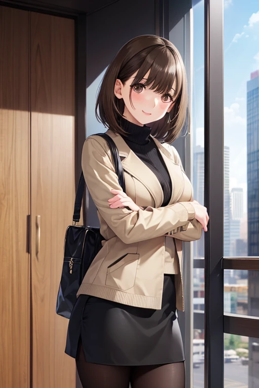 
anegasaki nene、Shiny brown hair, short hair, Beautiful brown eyes、smile、Sparkling eyes, (Fine grain)、Ultra-detailed eyes、Highly detailed face, Highly detailed eyes,


(high quality, High resolution, Fine details), 

Beige spring coat、BREAK Black knit、(((black pencil mini skirt:1.5、pantyhose))), Urban Background, modern architecture, Stylish accessories, , Natural light, Impressive pose, alone, woman, Sparkling eyes, (Fine grain), smile, blush, Sweat, Oily skin, Shallow depth of field