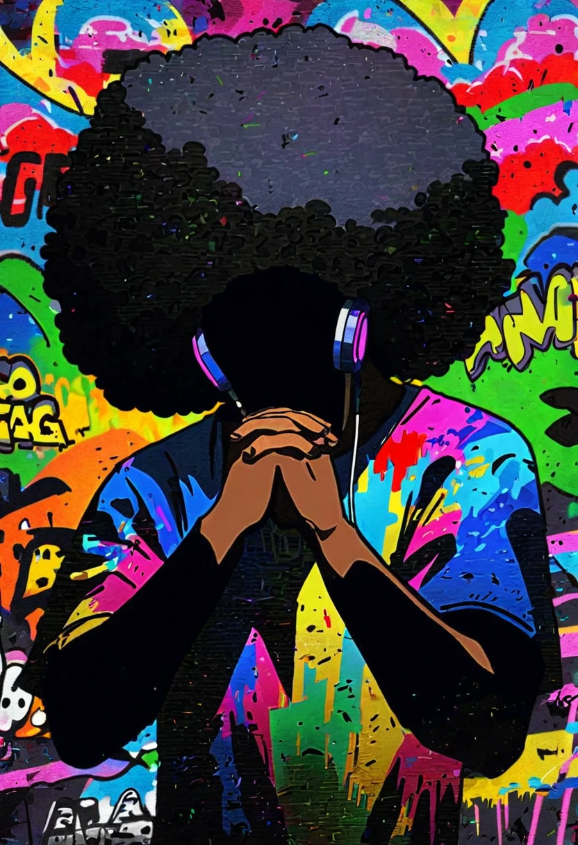 graffiti, silhouette of a afro american man Hands clasped in prayer, at the background you see headphones, in a graffiti style, 8k,, Full image, High resolution High contras
