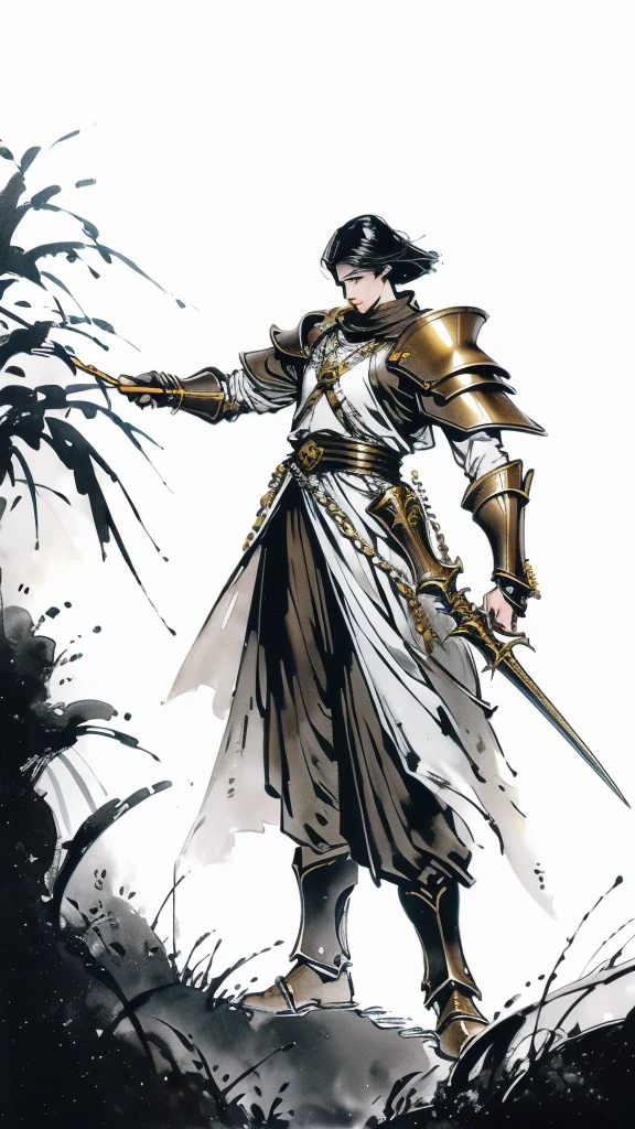 a close up of a person with a sword and a shield, a human male paladin, with large sword, from pathfinder, male paladin, cleric, elf knight, with leviathan axe, gold paladin, final fantasy tactics character, fantasy knight, fantasy paladin, brandishing halberd, artorias, the rider carries a large sword